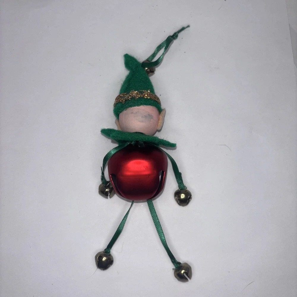 Vintage Christmas Pixie Elf Jingle Bell Ornament Wood Head Felt Hat Kitschy 6